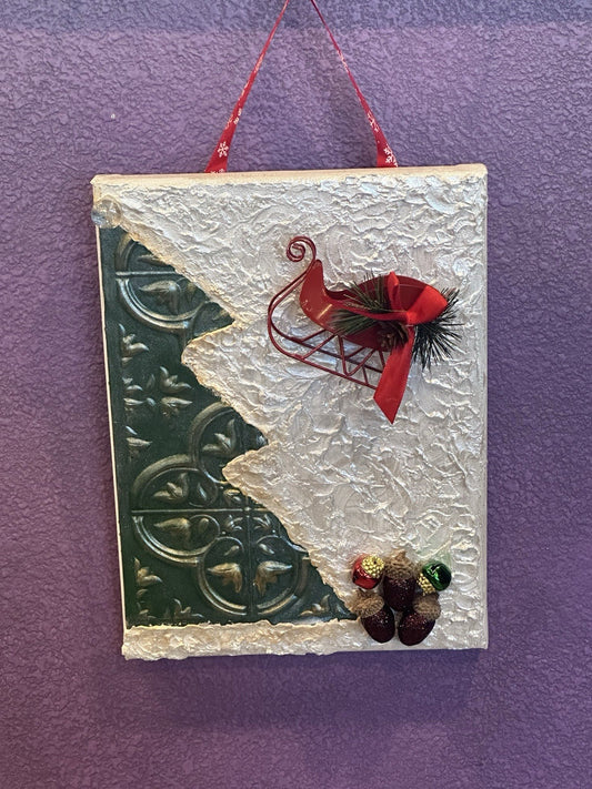 Door Sign Wall Hanging Canvas Picture Christmas Tree Sleigh Holiday