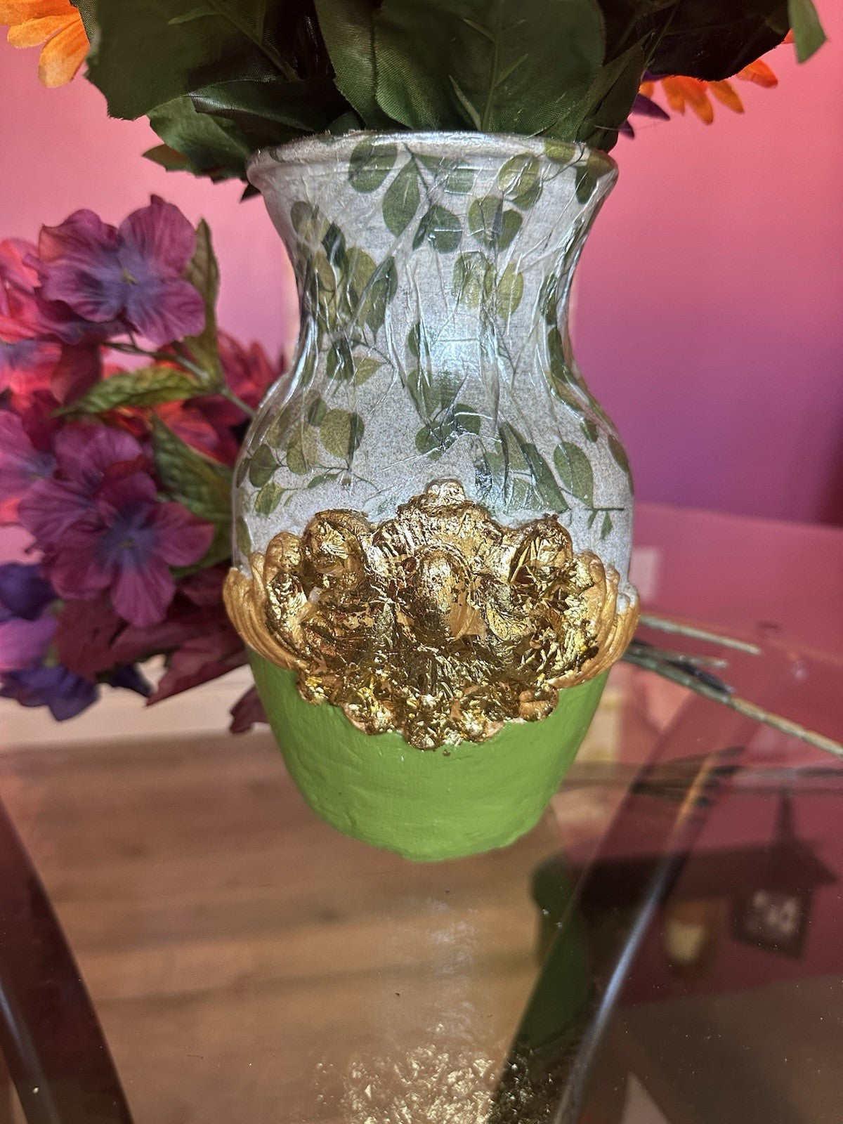 Hand Painted And Textured Glass Vase Green And Gold