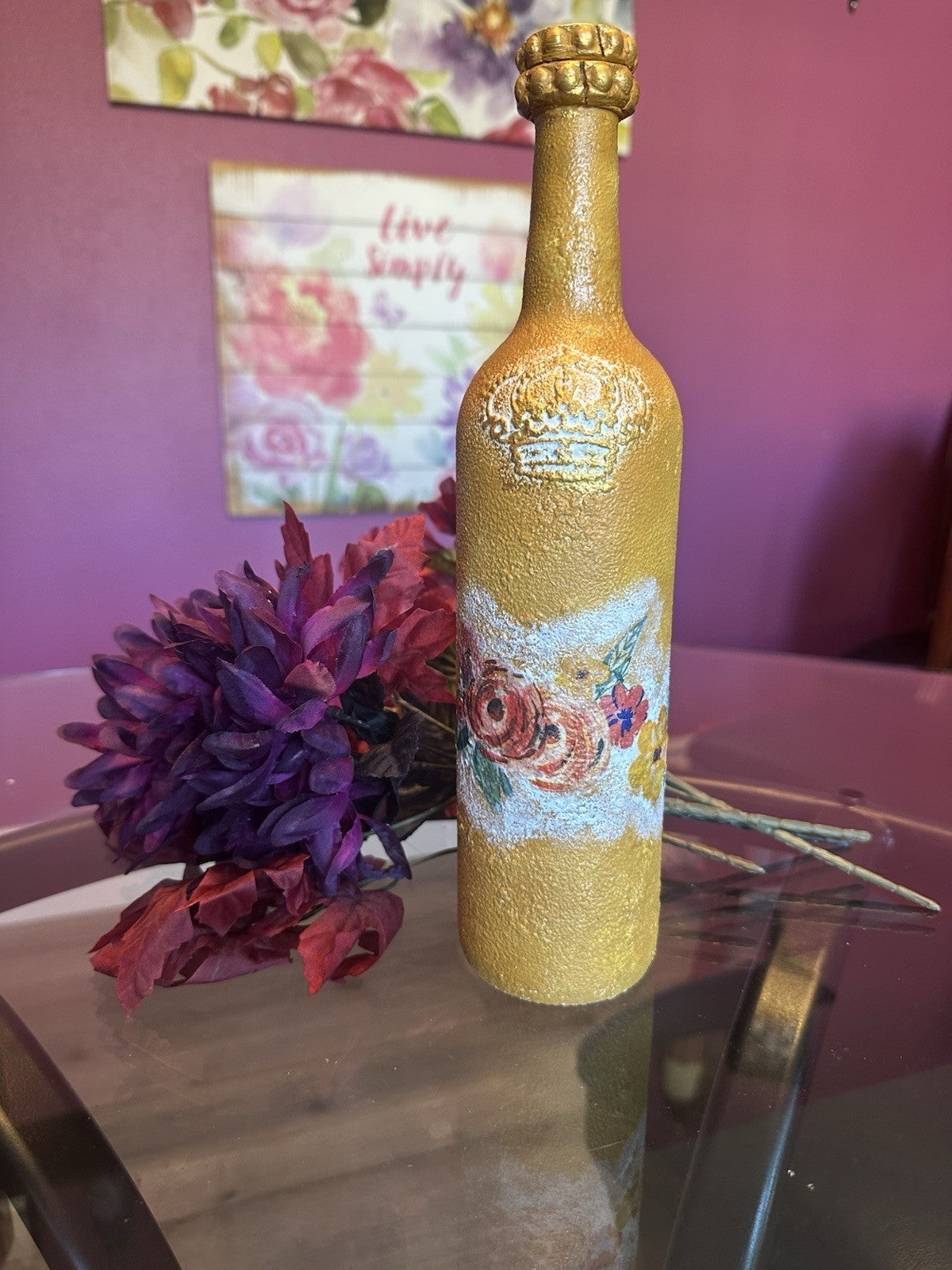 Hand Painted Decorative Glass Bottle Vase Fall Colors Decoupaged Flowers
