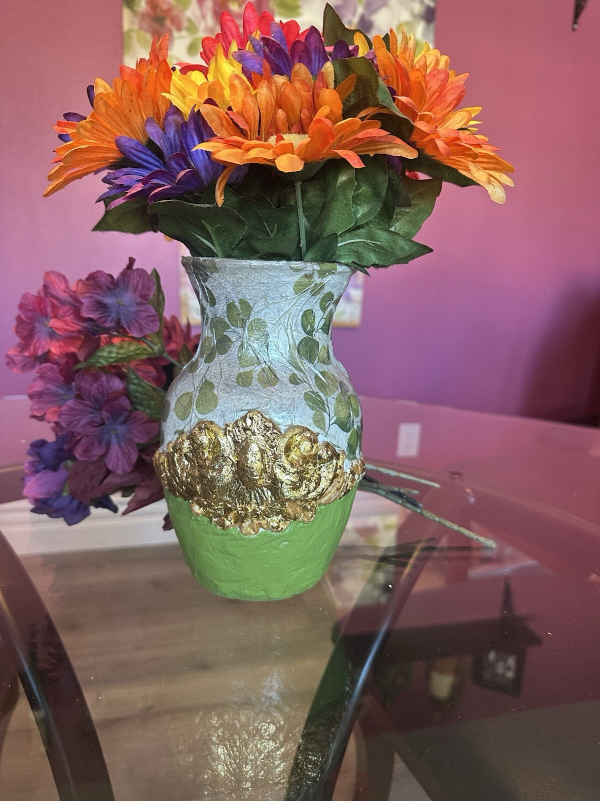 Hand Painted And Textured Glass Vase Green And Gold