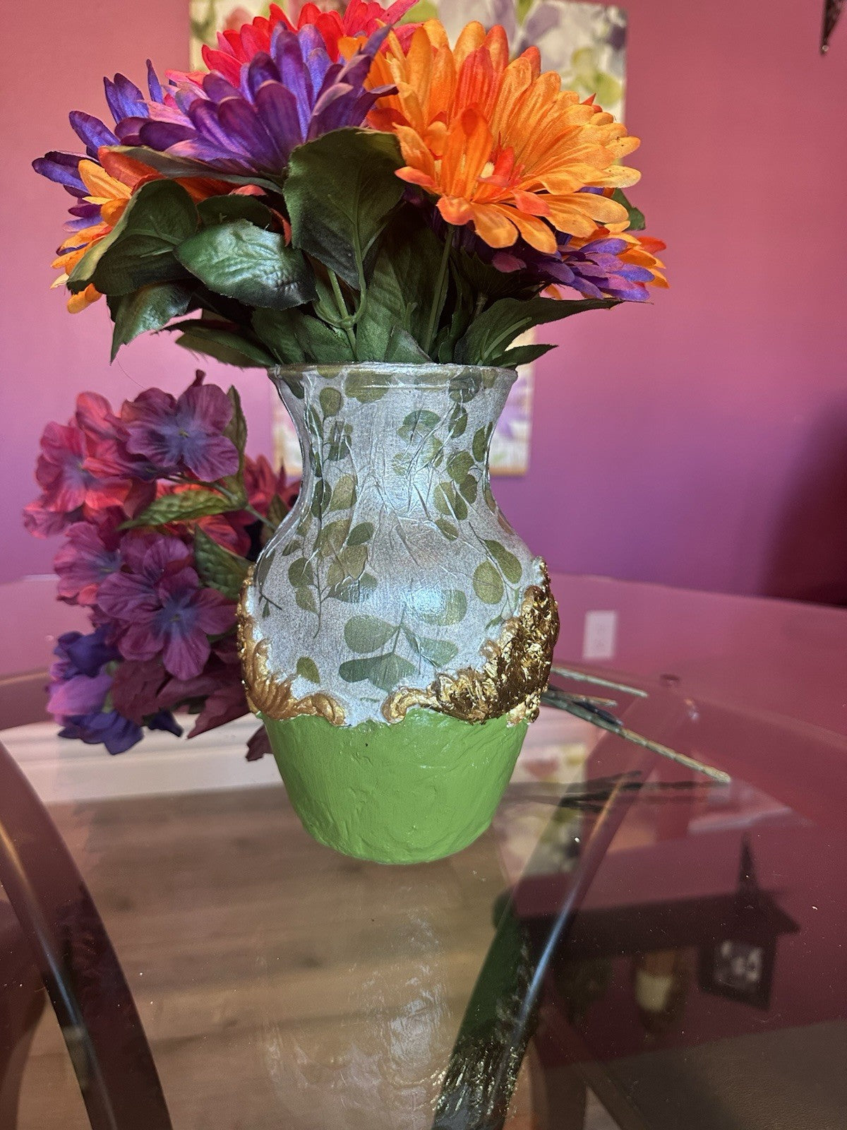 Hand Painted And Textured Glass Vase Green And Gold