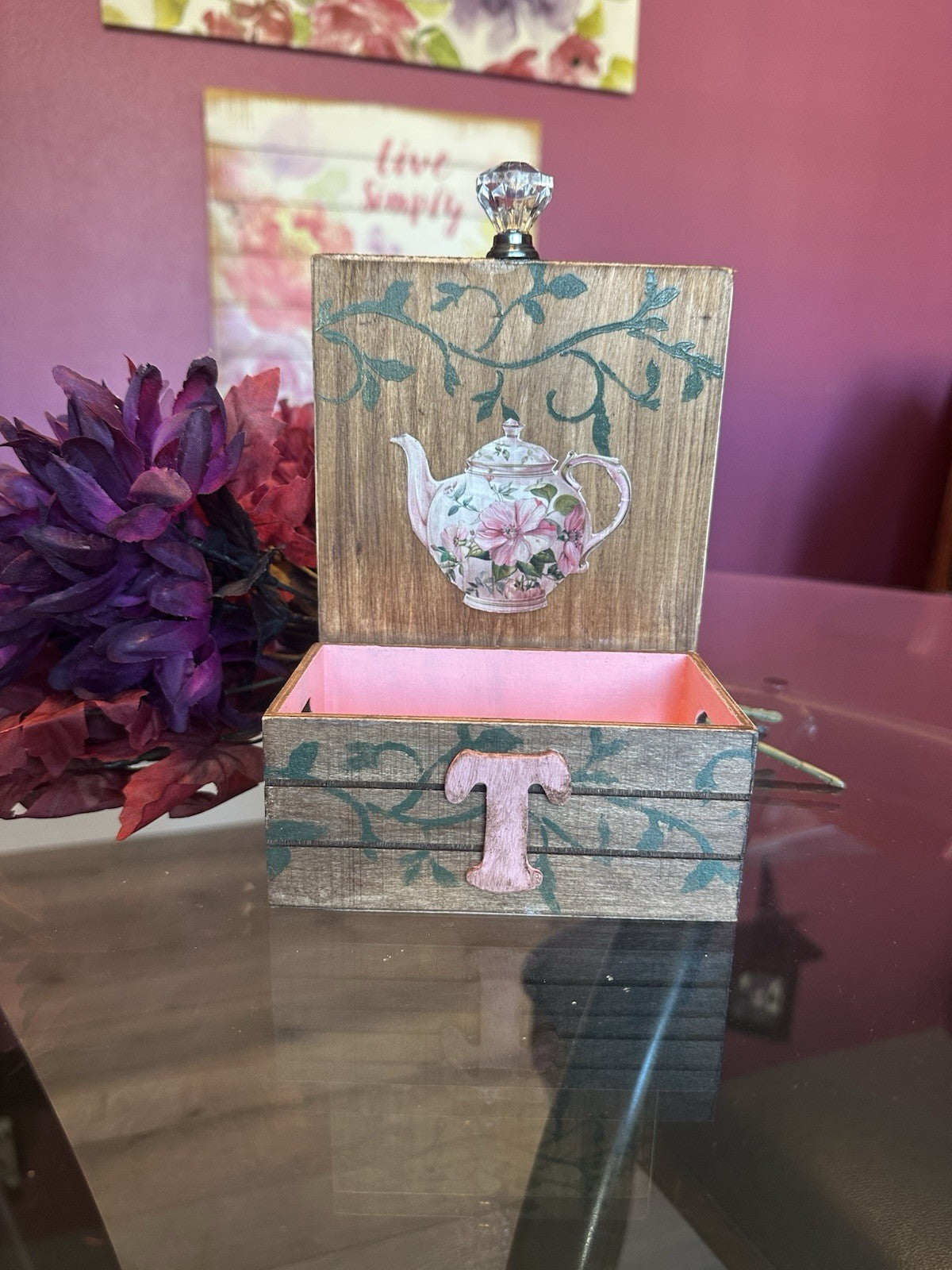 Hand Stained And Painted Wood Tea Caddy Shabby Chic Green And Pink