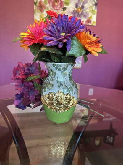 Hand Painted And Textured Glass Vase Green And Gold