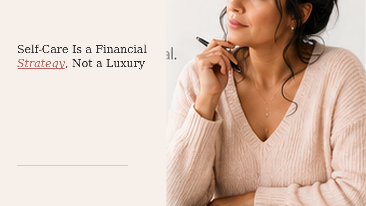 A woman reflects with a notebook and financial planning materials, representing self-care as part of sustainable money management.