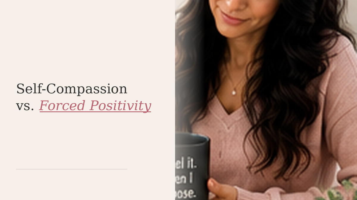 A calm woman reflects inwardly, representing the difference between honest self-compassion and forced positive thinking.