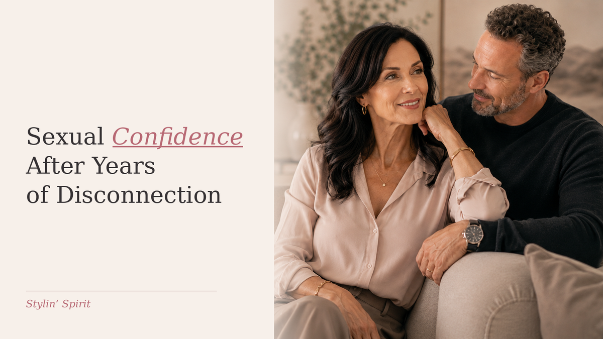 Confident mature woman seated comfortably beside her partner, representing the gradual return of sexual self-trust and confidence after years of disconnection.