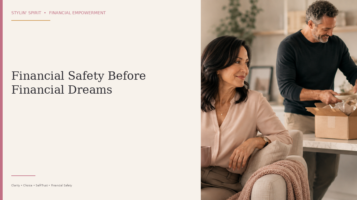 A thoughtful woman in a calm home setting, representing financial safety and stability before larger financial goals.