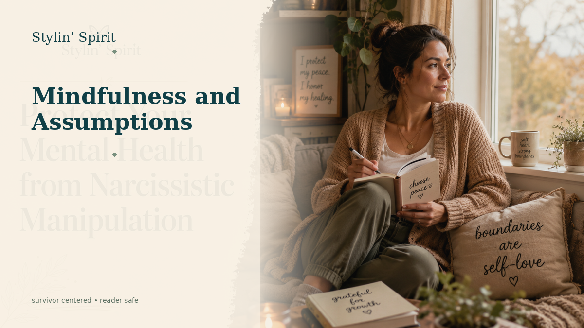 Reader-centered hero image for Mindfulness and Assumptions: How Your Thoughts Shape Your Peace, showing a relatable woman in a calm, lived-in setting.