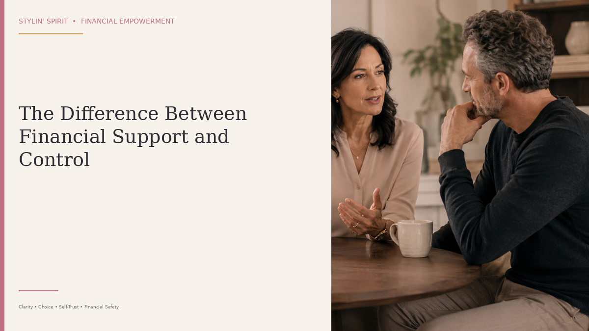 A couple in a calm conversation, representing the difference between healthy financial support and controlling behavior.