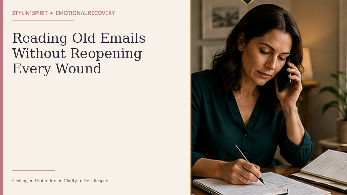 Confident woman reflecting on reading old emails without reopening every wound and protecting her emotional safety