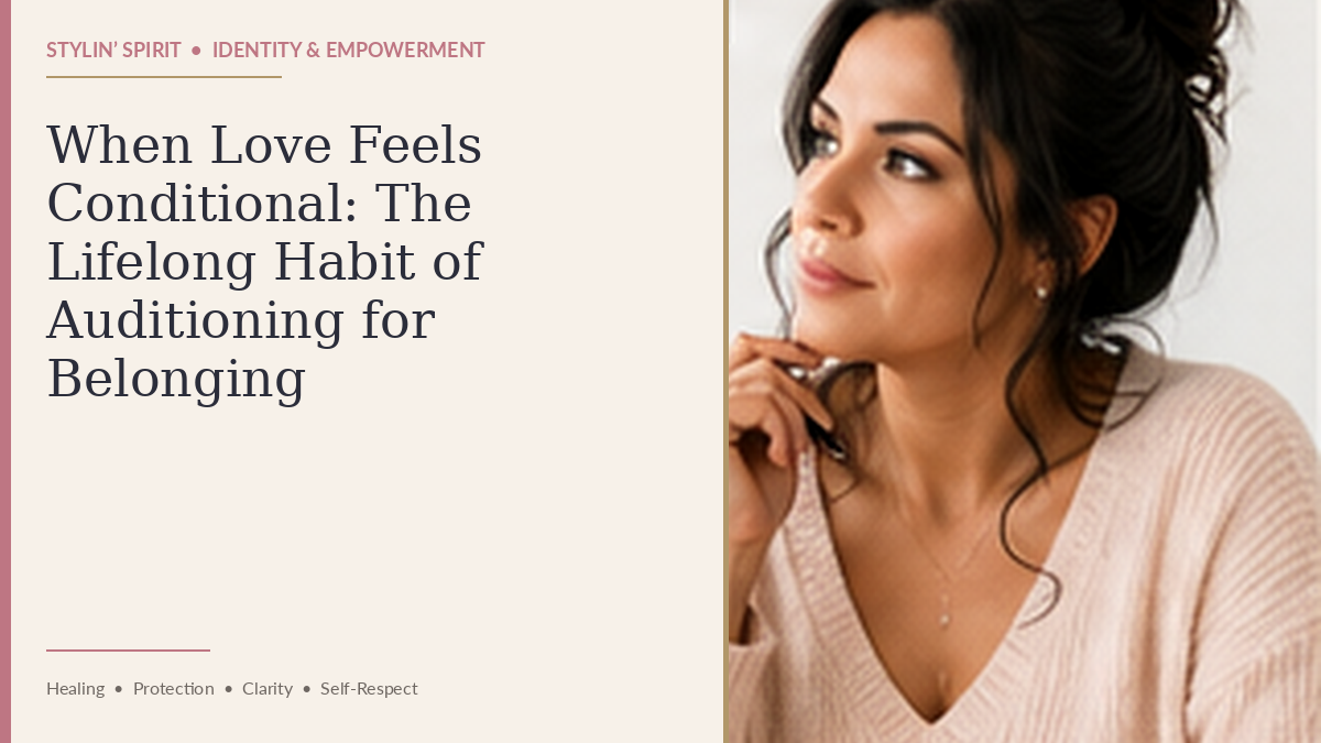 Confident woman reflecting on when love feels conditional: the lifelong habit of auditioning for belonging and protecting her emotional safety