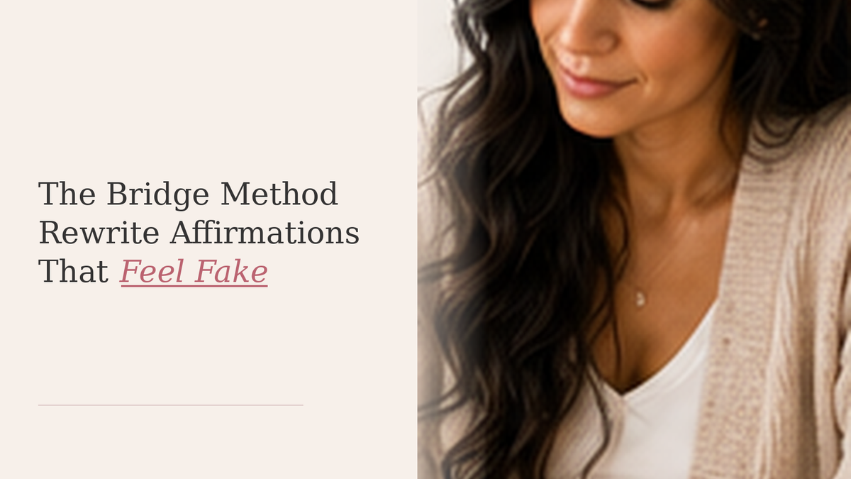A woman writes thoughtfully, representing the Bridge Method for turning unbelievable affirmations into statements the mind can accept.