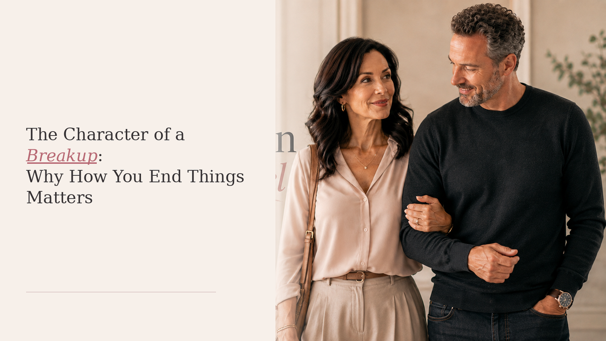Warm editorial relationship image with title text about how the way a relationship ends reveals character and integrity.