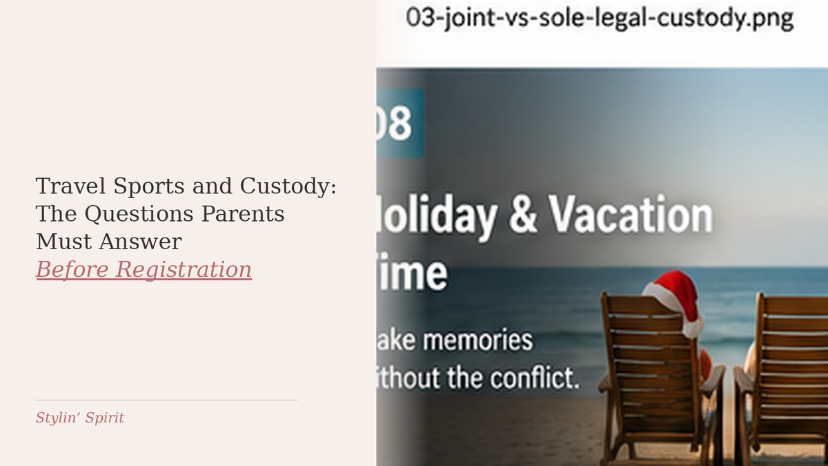 Travel-themed family scene, representing the custody, transportation, cost, and schedule questions parents should resolve before registering for travel sports.