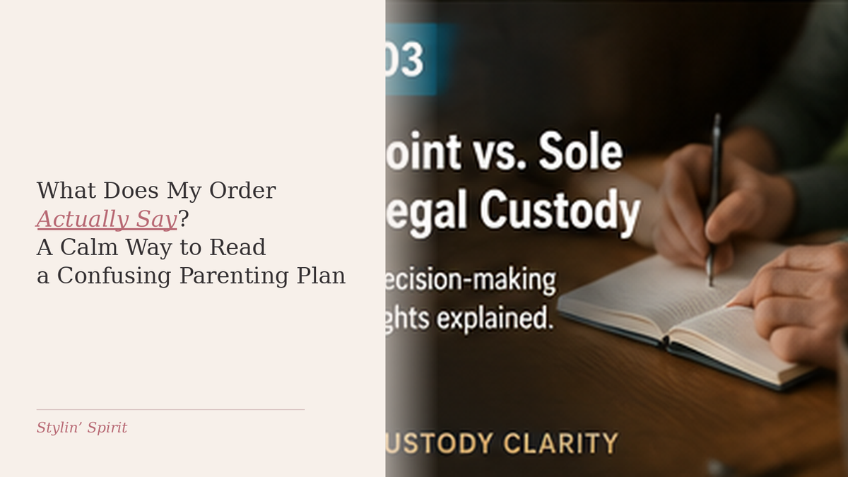 Person writing carefully in an open notebook, representing a calm method for separating the exact language of a custody order from interpretation.