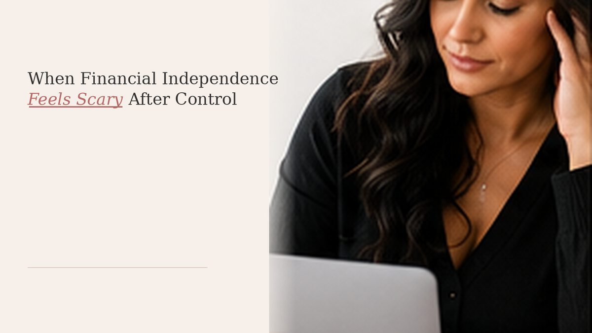 A woman works thoughtfully at a laptop, representing the uncertainty of rebuilding financial independence after control.