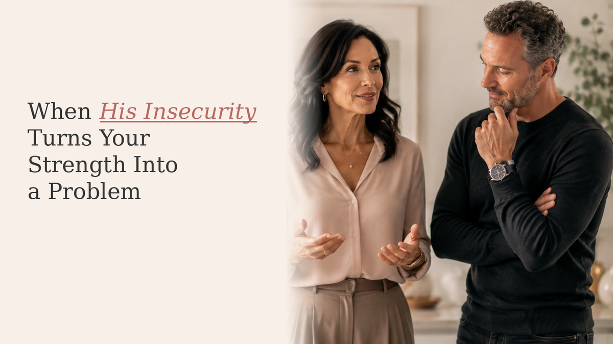Confident midlife woman speaking while her partner reflects thoughtfully beside her in a warm home setting.