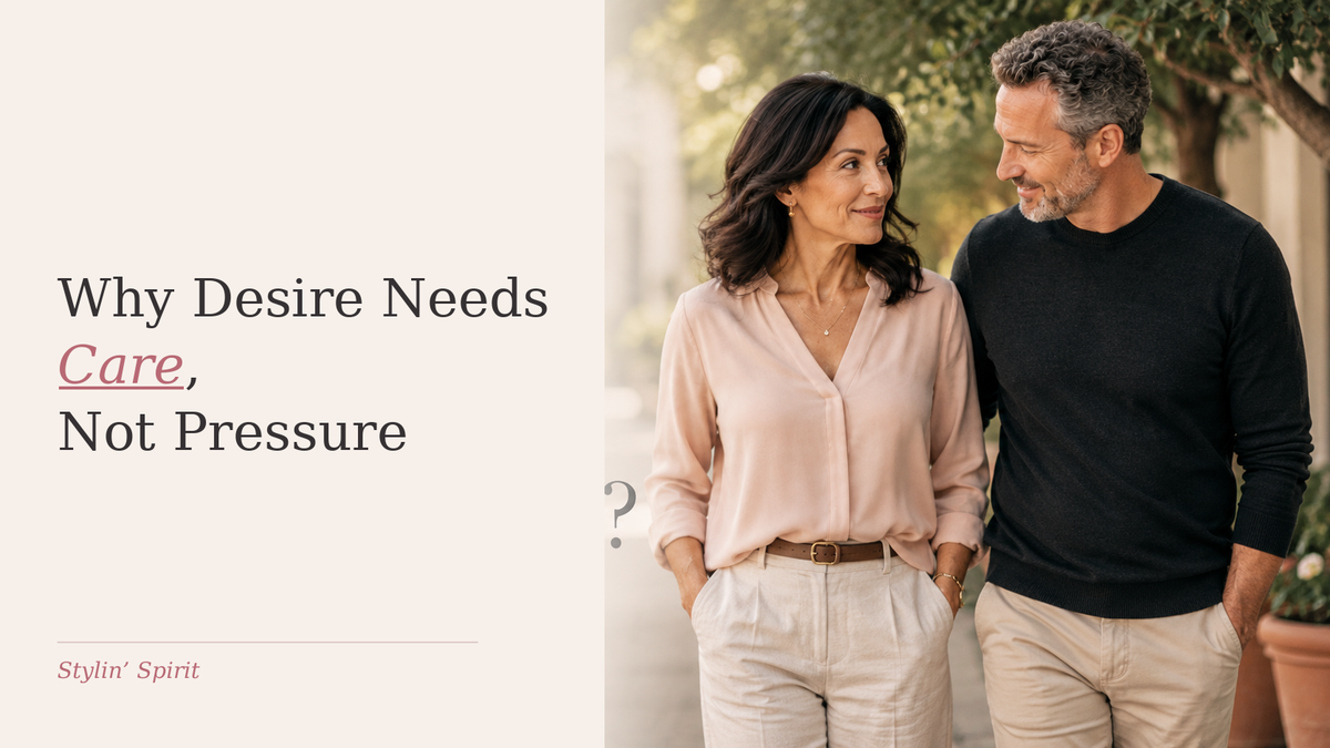 Adult couple walking together with relaxed body language, representing desire that is supported by care, emotional safety, and freedom from pressure.
