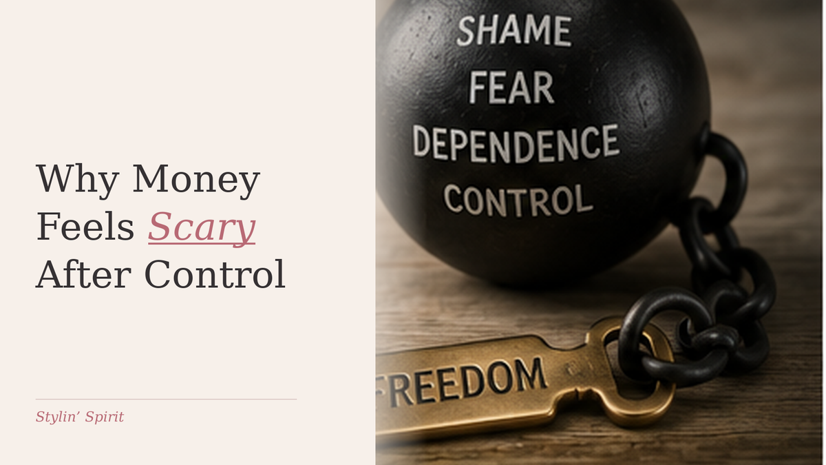Heavy chain and key labeled freedom on a warm desk, representing how money can remain emotionally linked to fear and control after a relationship ends.