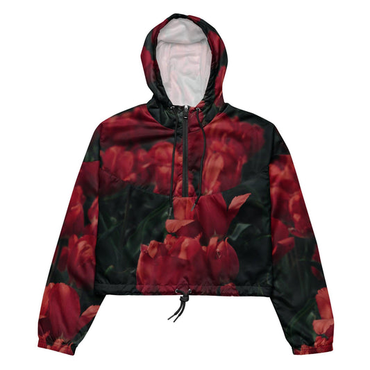 Women’s cropped windbreaker - Red Flowers - Stylin Spirit
