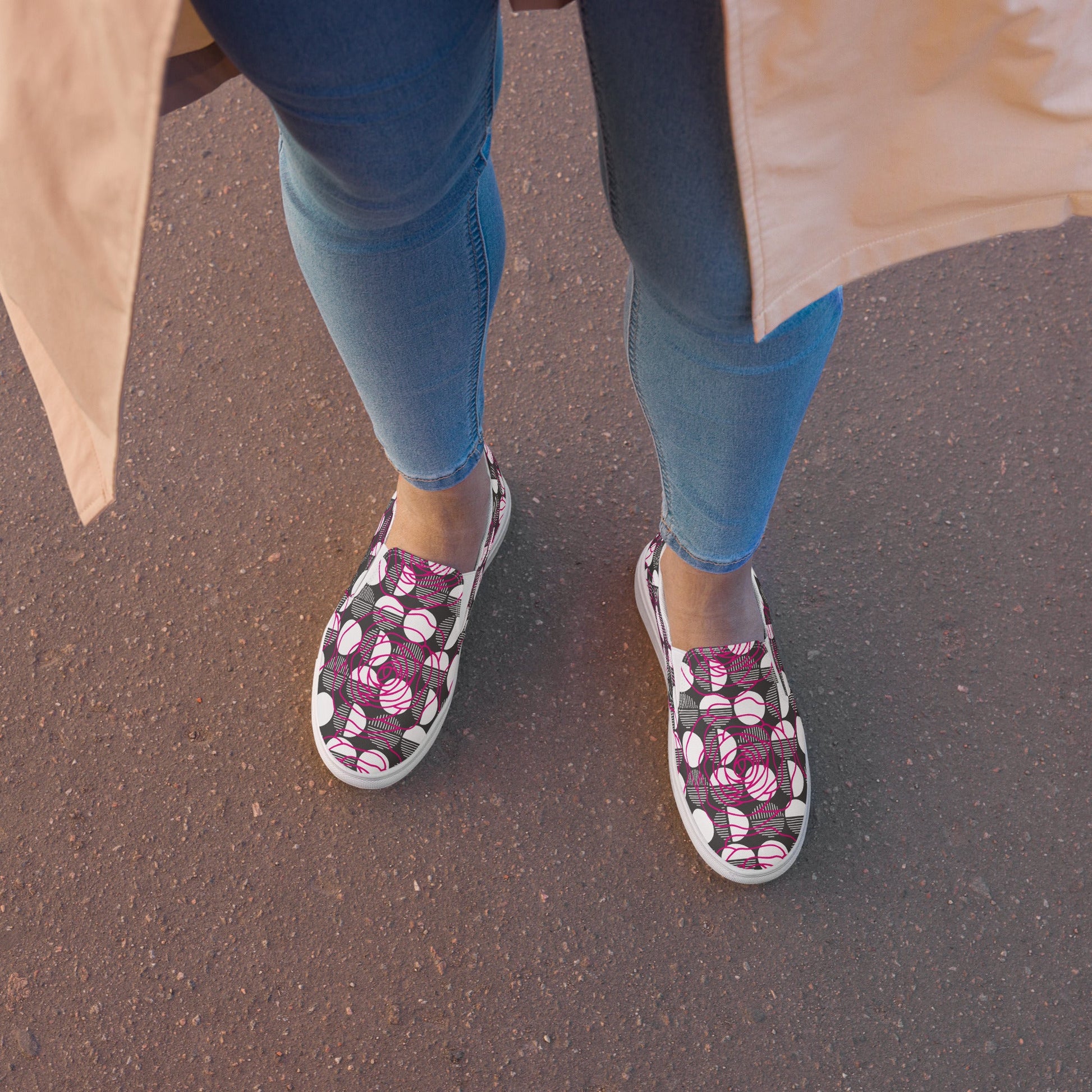 Women’s slip - on canvas shoes - Black White - Pink Roses - Stylin Spirit