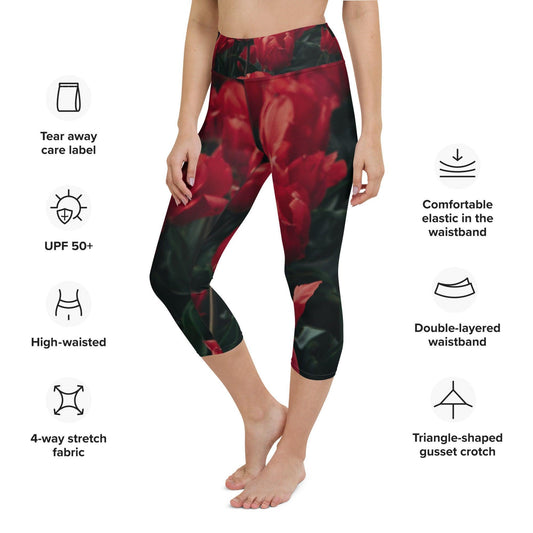Yoga Capri Leggings - Red Flowers - Stylin Spirit