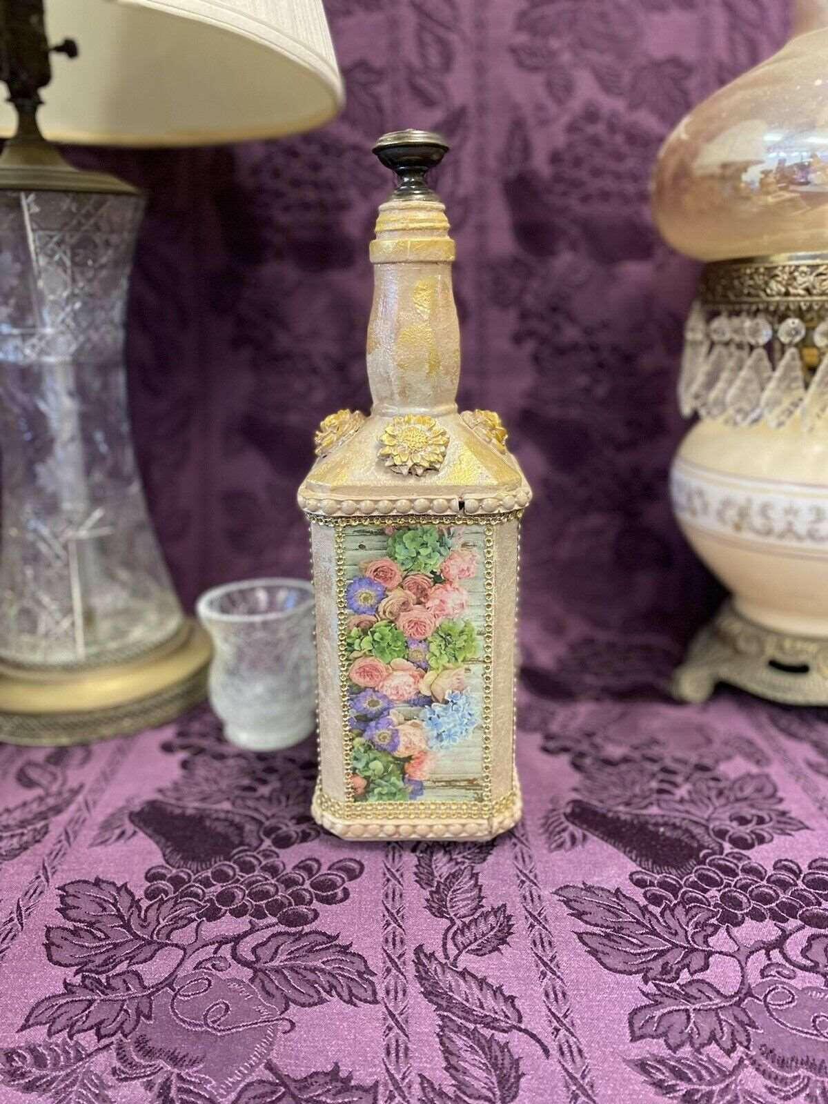 Decorative Bottle Stained Glass Hand Painted Upcycled Shabby Chic Flowers Tan & Pink - Stylin Spirit