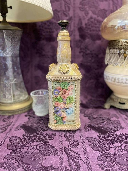 Decorative Bottle Stained Glass Hand Painted Upcycled Shabby Chic Flowers Tan & Pink - Stylin Spirit