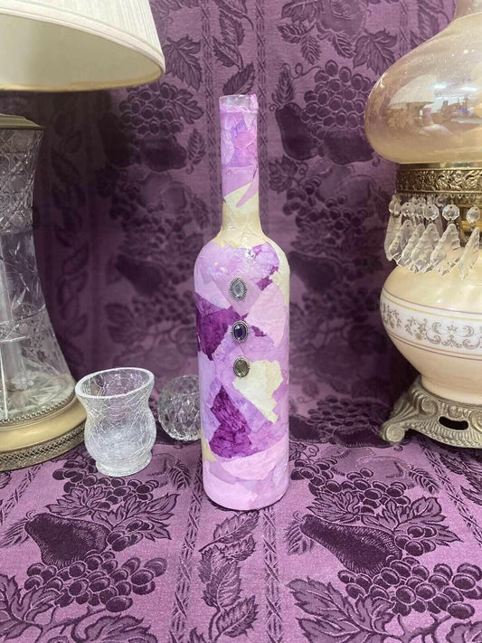Decorative Wine Bottle Stained Glass Hand Painted Upcycled Purple Patchwork - Stylin Spirit