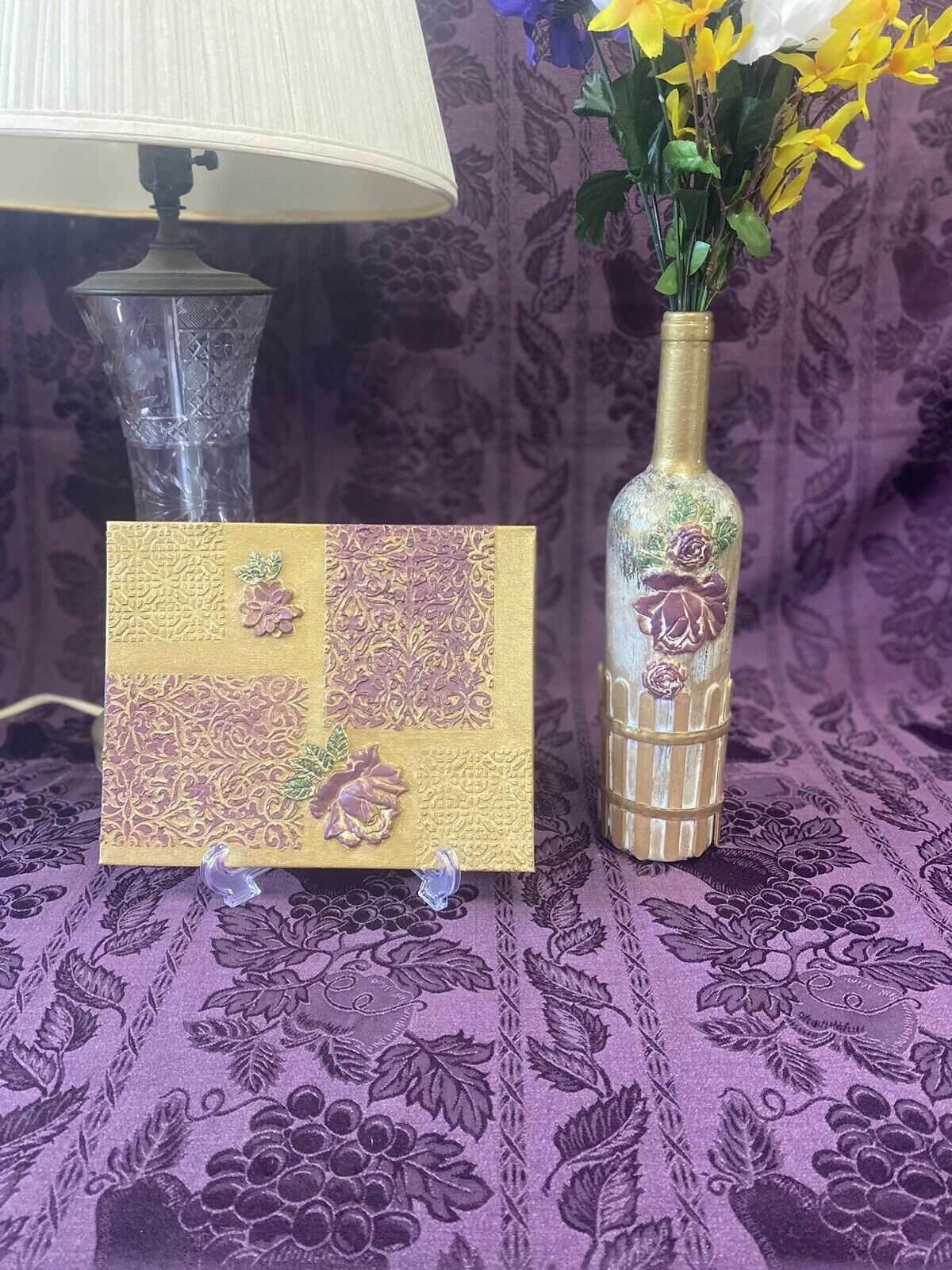 Hand Painted Wine Bottle & Matching Picture Picket Fence & Rose Gold & Wine - Stylin Spirit