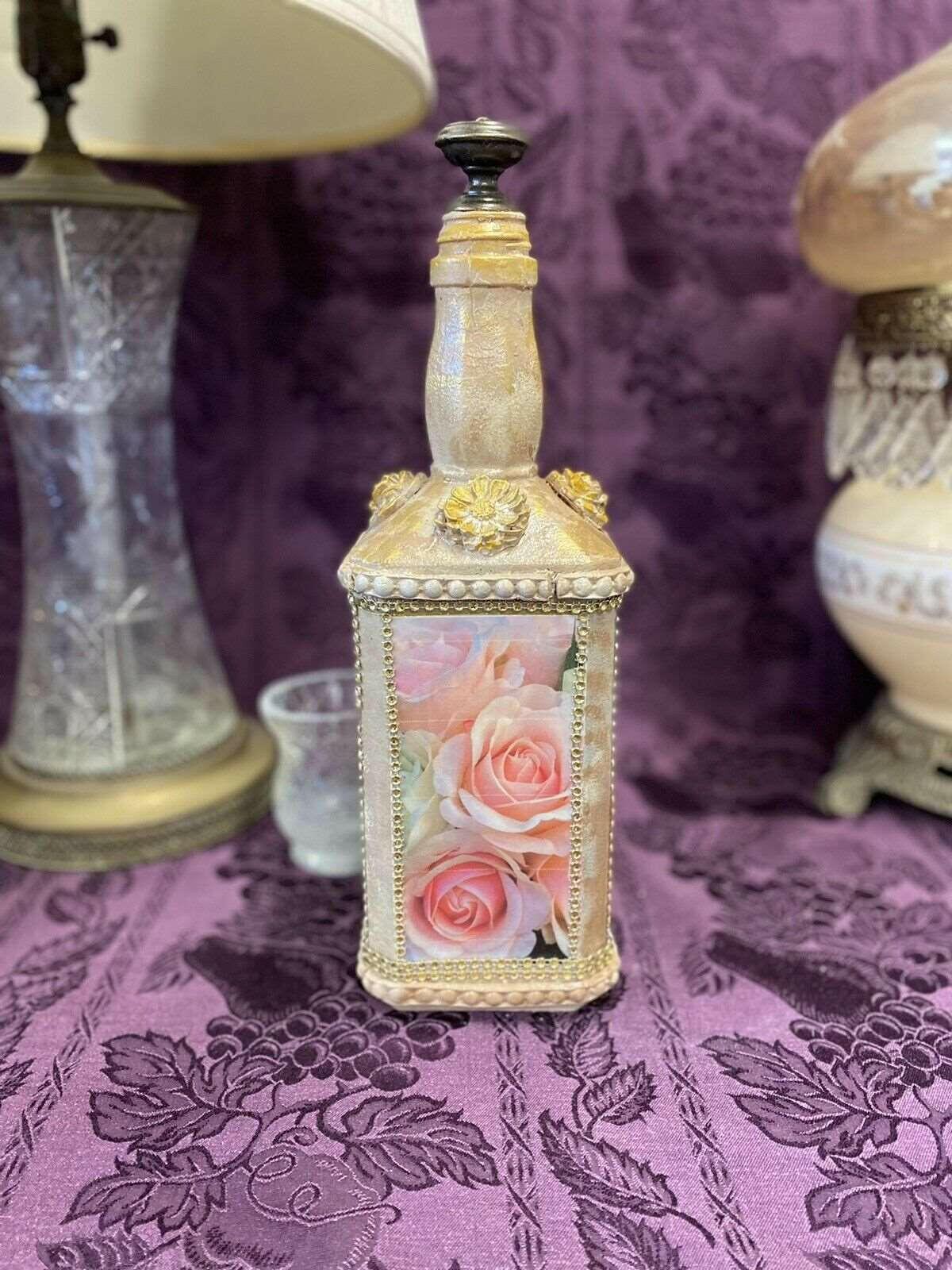 Decorative Bottle Stained Glass Hand Painted Upcycled Shabby Chic Flowers Tan & Pink - Stylin Spirit