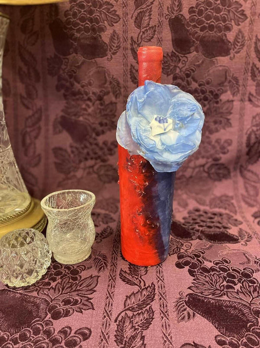 Decorative Wine Bottle Stained Glass Hand Painted Upcycled Red Blue Americana - Stylin Spirit