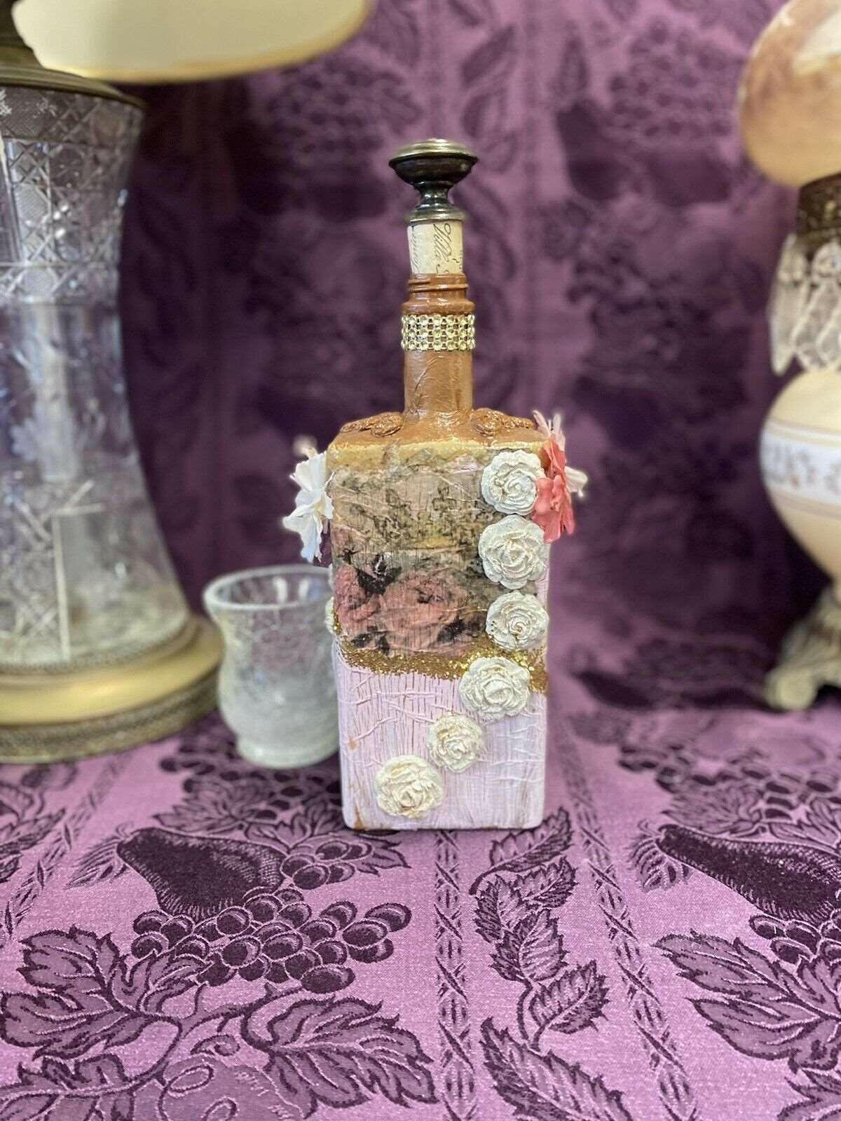 Decorative Wine Bottle Stained Glass Hand Painted Upcycled Shabby Chic Flowers - Stylin Spirit