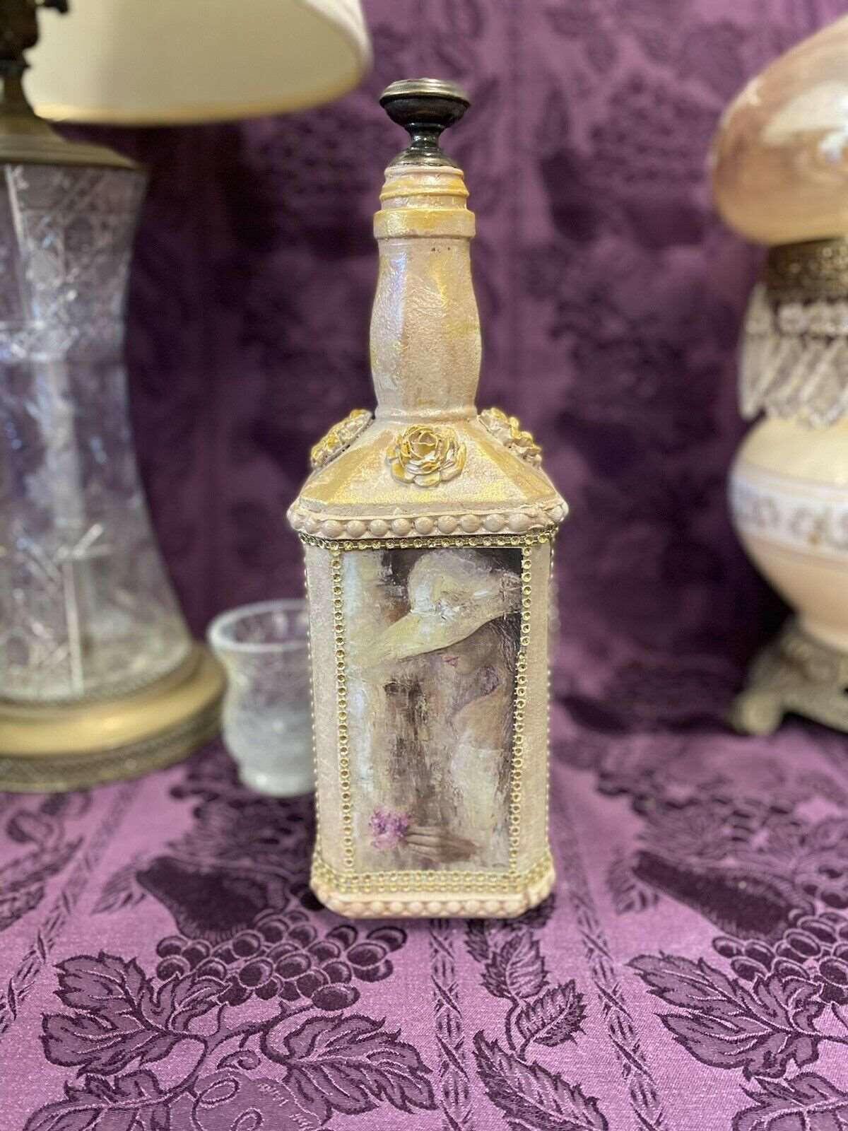 Decorative Bottle Stained Glass Hand Painted Upcycled Shabby Chic Flowers Tan & Pink - Stylin Spirit