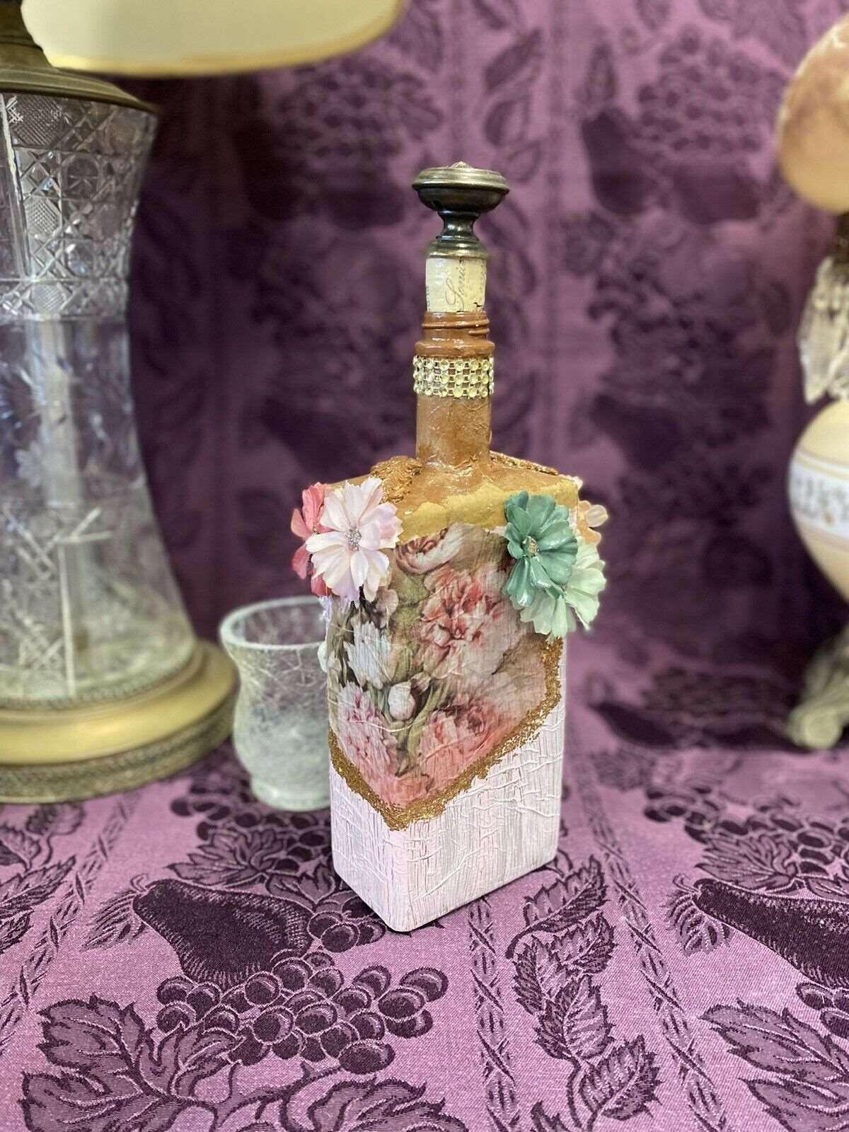 Decorative Wine Bottle Stained Glass Hand Painted Upcycled Shabby Chic Flowers - Stylin Spirit