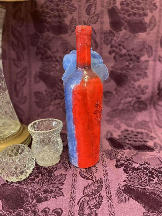 Decorative Wine Bottle Stained Glass Hand Painted Upcycled Red Blue Americana - Stylin Spirit