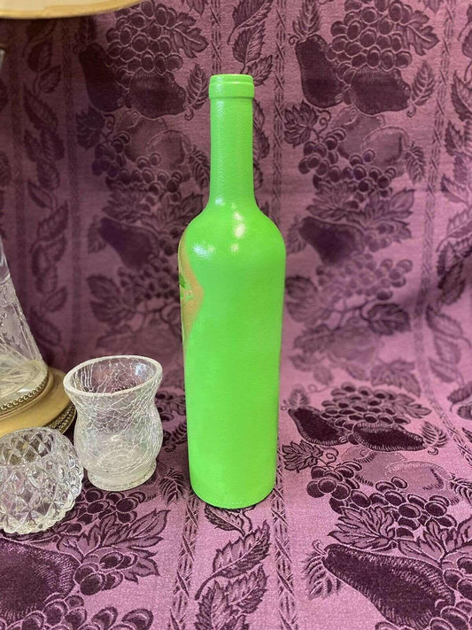 Decorative Wine Bottle Stained Glass Hand Painted Upcycled Rose Gold Green - Stylin Spirit