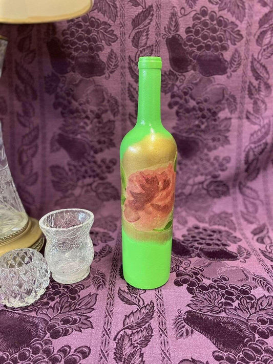 Decorative Wine Bottle Stained Glass Hand Painted Upcycled Rose Gold Green - Stylin Spirit