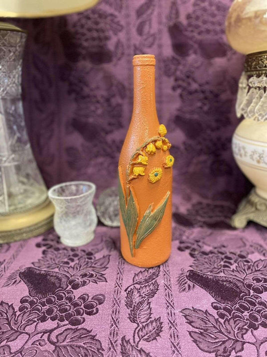 Decorative Wine Bottle Stained Glass Hand Painted Upcycled Shabby Chic Sunflower - Stylin Spirit