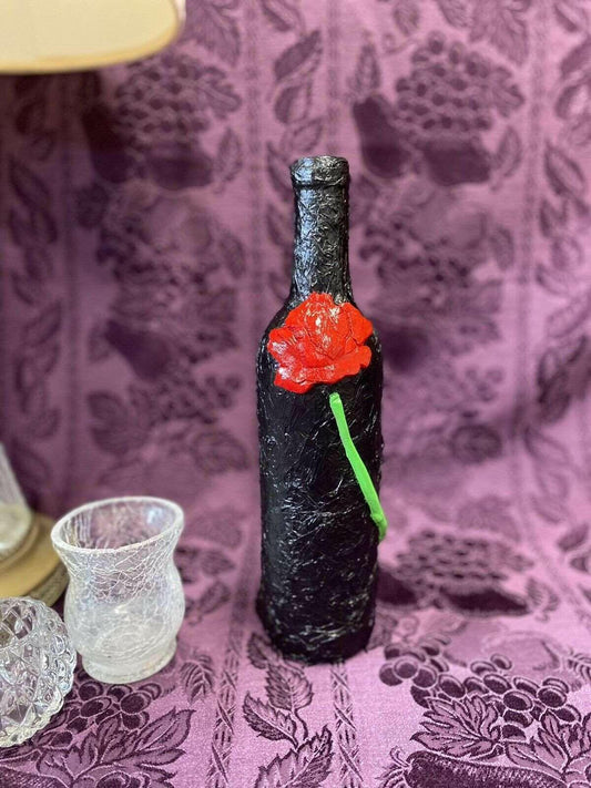 Decorative Wine Bottle Stained Glass Hand Painted Upcycled Black Red Clay Rose - Stylin Spirit