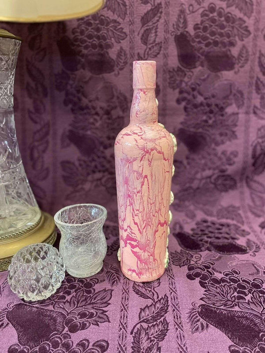 Decorative Wine Bottle Stained Glass Hand Painted Upcycled Shabby Chic Roses - Stylin Spirit