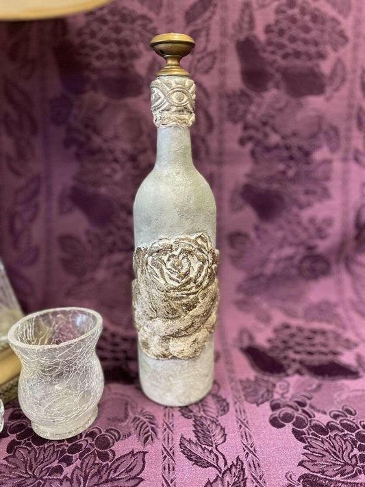 Decorative Wine Bottle Stained Glass Hand Painted Upcycled Faux Stone Rose - Stylin Spirit