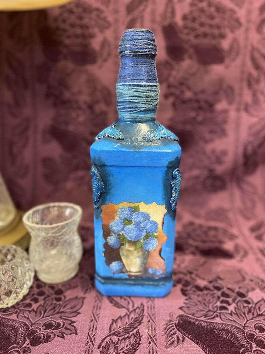 Decorative Jack Daniel’s Bottle Stained Glass Hand Painted Decoupage Royal Blue - Stylin Spirit