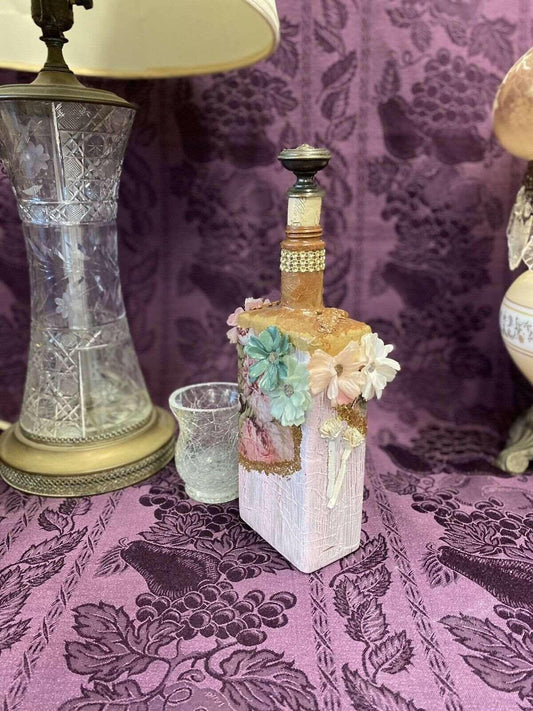 Decorative Wine Bottle Stained Glass Hand Painted Upcycled Shabby Chic Flowers - Stylin Spirit