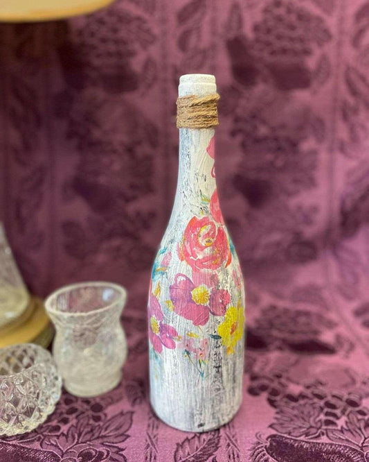 Decorative Wine Bottle Stained Glass Hand Painted Upcycled Shabby Chic Flowers White & Pink - Stylin Spirit