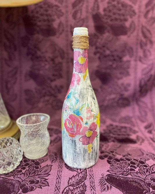 Decorative Wine Bottle Stained Glass Hand Painted Upcycled Shabby Chic Flowers White & Pink - Stylin Spirit