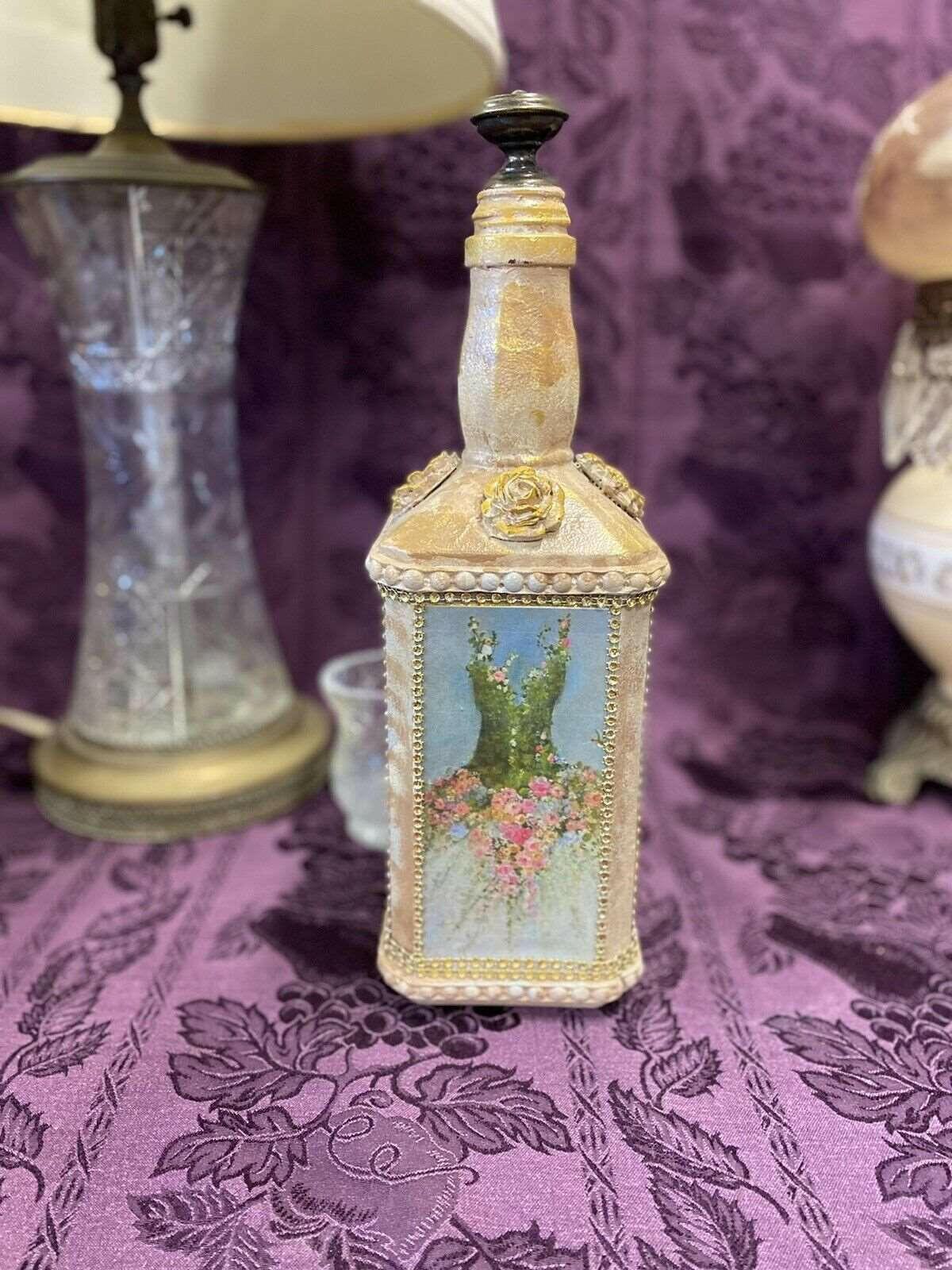 Decorative Bottle Stained Glass Hand Painted Upcycled Shabby Chic Flowers Tan & Pink - Stylin Spirit