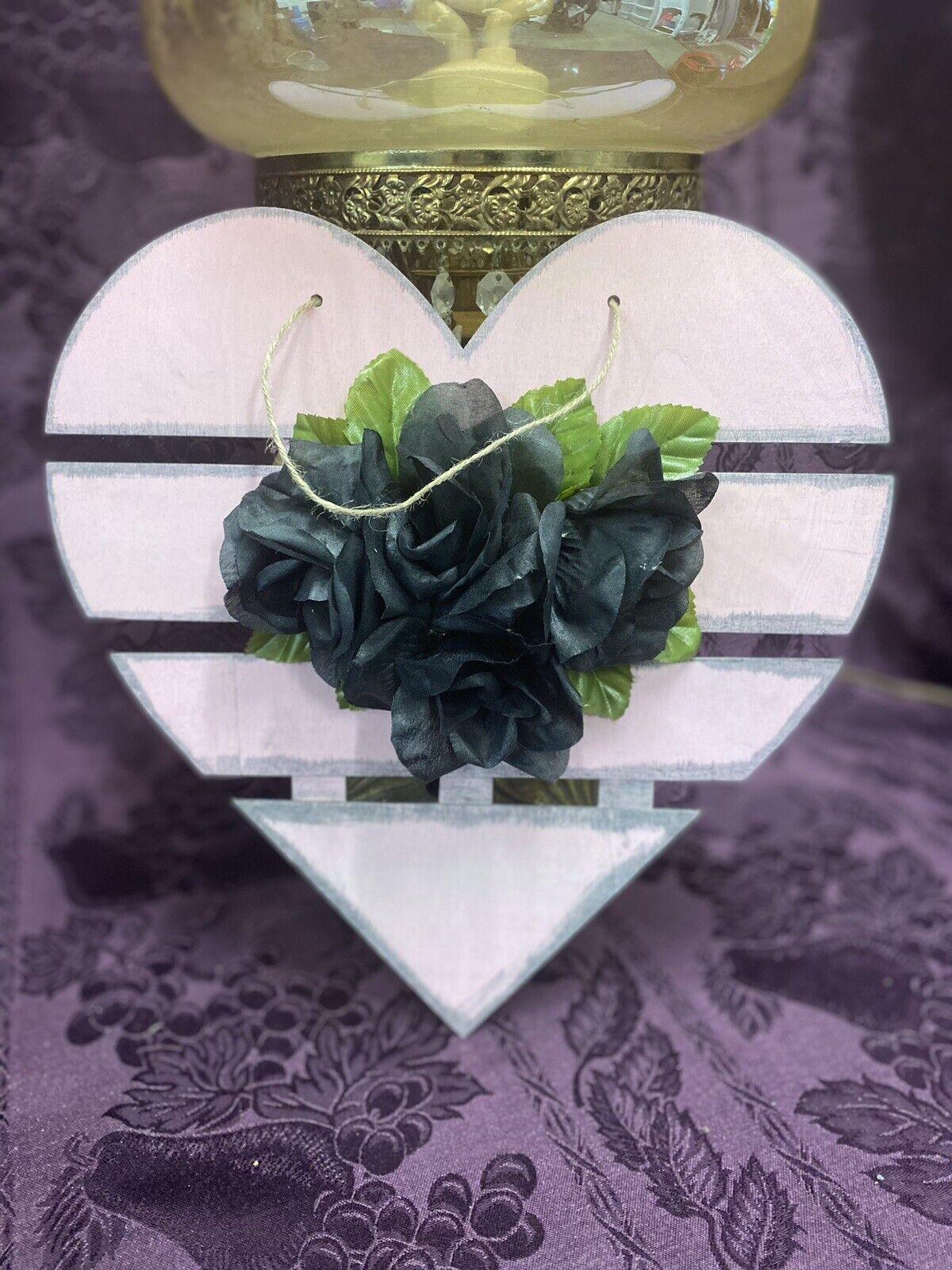 Valentine Decorative Wooden Wall Hanging Heart - Home Decor Pink & Black Roses - Stylin Spirit