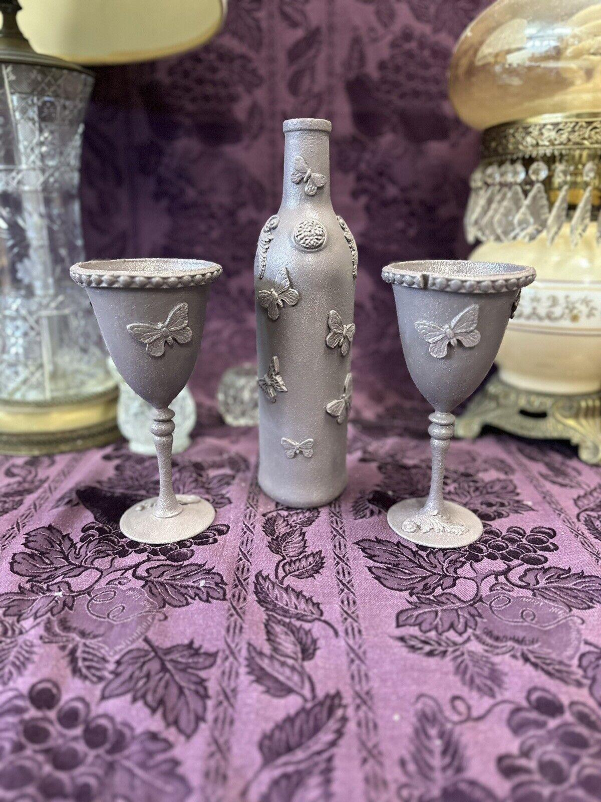 Decorative Glass Bottle in a gray textured paint & matching goblets glasses - Stylin Spirit