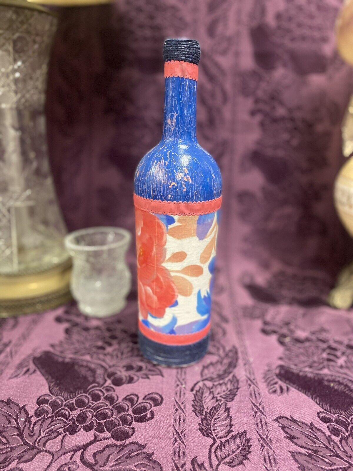 Decorative Wine Bottle Stained Glass Hand Painted Upcycled Blue Flowers - Stylin Spirit